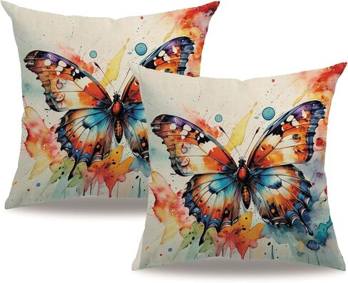 7COLORROOM Watercolor Animals Throw Pillow Covers 18x18 Inch Painting Butterfly Print Cushion Case Farmhouse Spring Summer Decoration 2Pack Square Pillowcase for Patio Couch Sofa (Yellow) in Saudi Arabia