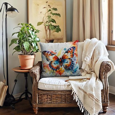 7COLORROOM Watercolor Animals Throw Pillow Covers 18x18 Inch Painting Butterfly Print Cushion Case Farmhouse Spring Summer Decoration 2Pack Square Pillowcase for Patio Couch Sofa (Yellow) in Saudi Arabia