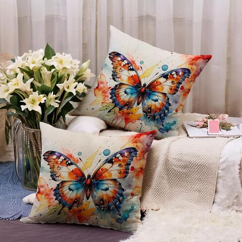 7COLORROOM Watercolor Animals Throw Pillow Covers 18x18 Inch Painting Butterfly Print Cushion Case Farmhouse Spring Summer Decoration 2Pack Square Pillowcase for Patio Couch Sofa (Yellow) in Saudi Arabia