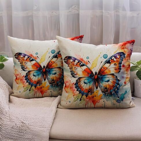 7COLORROOM Watercolor Animals Throw Pillow Covers 18x18 Inch Painting Butterfly Print Cushion Case Farmhouse Spring Summer Decoration 2Pack Square Pillowcase for Patio Couch Sofa (Yellow) in Saudi Arabia