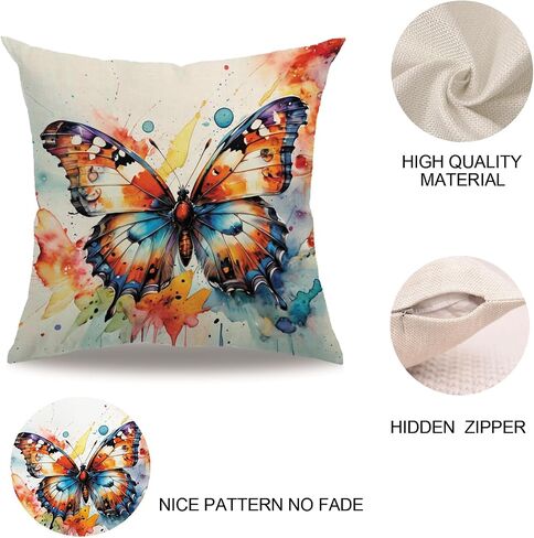 7COLORROOM Watercolor Animals Throw Pillow Covers 18x18 Inch Painting Butterfly Print Cushion Case Farmhouse Spring Summer Decoration 2Pack Square Pillowcase for Patio Couch Sofa (Yellow) in Saudi Arabia