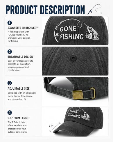 Gone Fishing Hat for Men Women, Adjustable Washed Cotton Baseball Cap Gift for Fishing Lovers Grandpa Dad, Embroidered Sun Protection Headwear for Outdoor Fishing & Beach Black in Saudi Arabia