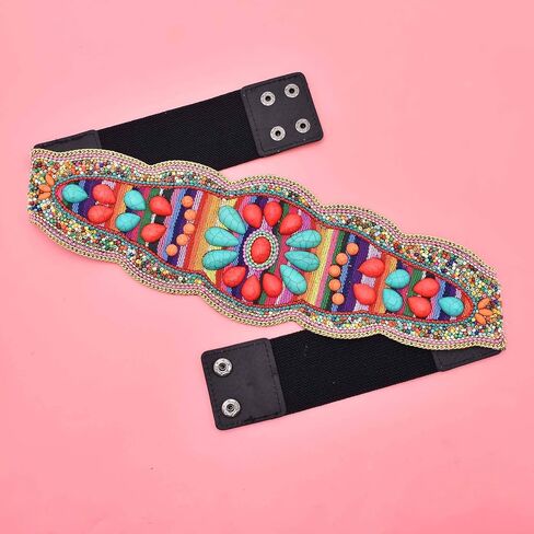 idealway Bohemian Women Belts Handmade Beads Ethnic Statement Wide Elastic Body Belt for Girls Women Dresses in Saudi Arabia