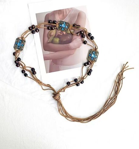 Boho Braided Belt for Women, Vintage Wooden Beaded Belts Body Chain, Renaissance & Western Cowgirl Adjustable Woven Cord Rope Belt for Dress in Saudi Arabia