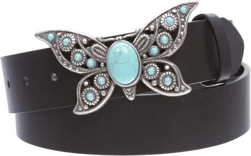 Women's Casual Jean Belt with Perforated Turquoise Stone Butterfly Belt Buckle in Kuwait
