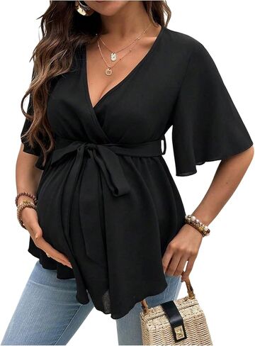 OYOANGLE Women's Maternity Wrap V Neck Blouse Ruffle Half Sleeve Belted Peplum Pregnancy Tops in Kuwait