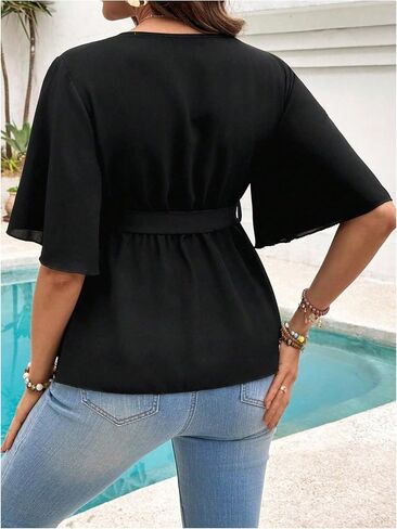 OYOANGLE Women's Maternity Wrap V Neck Blouse Ruffle Half Sleeve Belted Peplum Pregnancy Tops in Kuwait