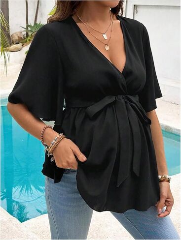 OYOANGLE Women's Maternity Wrap V Neck Blouse Ruffle Half Sleeve Belted Peplum Pregnancy Tops in Kuwait
