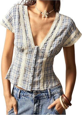 Floerns Women's Plaid Lace V Neck Blouse Boho Tops Short Sleeve Smocked Button Down Shirts in Kuwait
