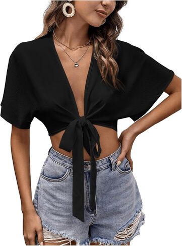 OYOANGLE Women's Deep V Neck Knot Front Blouse Short Sleeve Cropped Shirt Beach Vacation Kimono in Kuwait