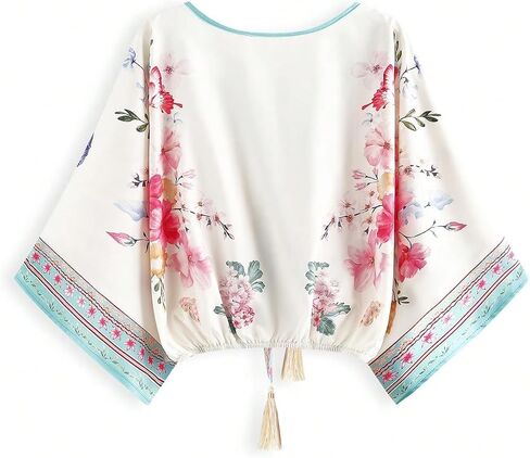 RoseSeek Women's Plus Size Boho Floral Tie Front Blouses V Neck Dolman Long Sleeve Shirts Vacation Poncho Tops in Kuwait