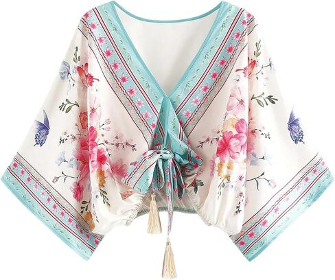 RoseSeek Women's Plus Size Boho Floral Tie Front Blouses V Neck Dolman Long Sleeve Shirts Vacation Poncho Tops in Kuwait