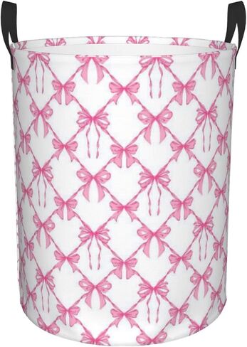 Pink Bow Large Laundry Basket,Collapsible Laundry Hamper With Handle Aesthetic Preppy Bowknot Coquette Room Decor,Round Waterproof Dirty Clothes Hamper Toy Organizer for Home Bedroom Bathroom Decor in Kuwait