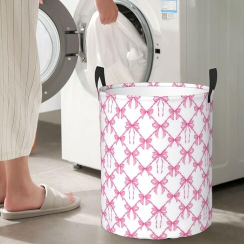 Pink Bow Large Laundry Basket,Collapsible Laundry Hamper With Handle Aesthetic Preppy Bowknot Coquette Room Decor,Round Waterproof Dirty Clothes Hamper Toy Organizer for Home Bedroom Bathroom Decor in Kuwait