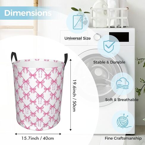Pink Bow Large Laundry Basket,Collapsible Laundry Hamper With Handle Aesthetic Preppy Bowknot Coquette Room Decor,Round Waterproof Dirty Clothes Hamper Toy Organizer for Home Bedroom Bathroom Decor in Kuwait