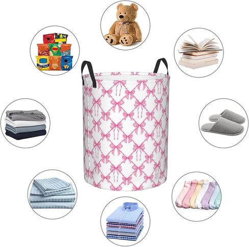 Pink Bow Large Laundry Basket,Collapsible Laundry Hamper With Handle Aesthetic Preppy Bowknot Coquette Room Decor,Round Waterproof Dirty Clothes Hamper Toy Organizer for Home Bedroom Bathroom Decor in Kuwait