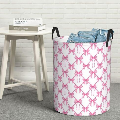 Pink Bow Large Laundry Basket,Collapsible Laundry Hamper With Handle Aesthetic Preppy Bowknot Coquette Room Decor,Round Waterproof Dirty Clothes Hamper Toy Organizer for Home Bedroom Bathroom Decor in Kuwait