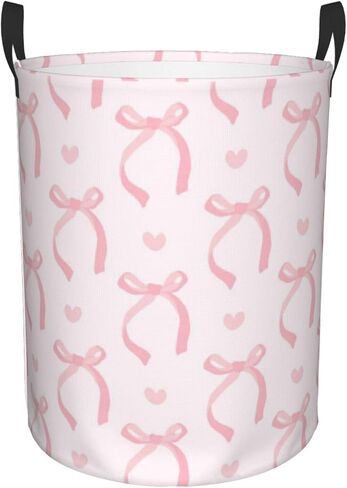 Pink Bow Large Laundry Basket,Collapsible Laundry Hamper With Handle Aesthetic Preppy Bowknot Coquette Room Decor,Round Waterproof Dirty Clothes Hamper Toy Organizer for Home Bedroom Bathroom Decor in Kuwait