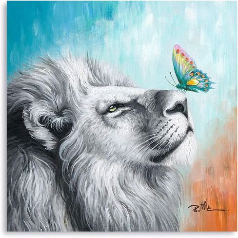 ATELIYISHU Colorful Lion Wall Art: Leon and Butterfly Canvas Wall Art Gray White Colorful Butterflies Pictures Decor 12"X12" in Saudi Arabia