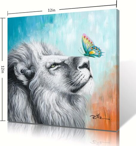 ATELIYISHU Colorful Lion Wall Art: Leon and Butterfly Canvas Wall Art Gray White Colorful Butterflies Pictures Decor 12"X12" in Saudi Arabia
