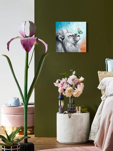 ATELIYISHU Colorful Lion Wall Art: Leon and Butterfly Canvas Wall Art Gray White Colorful Butterflies Pictures Decor 12"X12" in Saudi Arabia