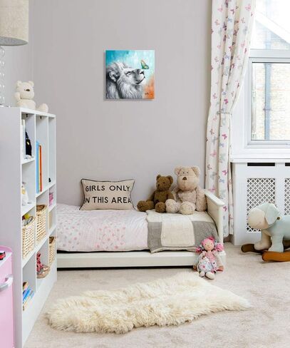 ATELIYISHU Colorful Lion Wall Art: Leon and Butterfly Canvas Wall Art Gray White Colorful Butterflies Pictures Decor 12"X12" in Saudi Arabia