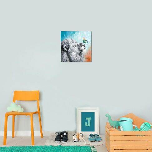 ATELIYISHU Colorful Lion Wall Art: Leon and Butterfly Canvas Wall Art Gray White Colorful Butterflies Pictures Decor 12"X12" in Saudi Arabia