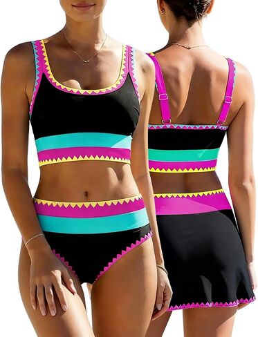 Bikini Sets for Women,Including Cover-Up Skirt,Tummy-Control Color-Blocked Design,Neon Swimsuit for Women,2026 Summer Swimwear in Saudi Arabia
