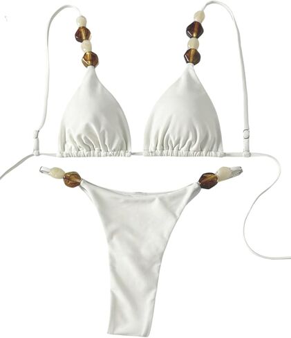 Floerns Women's Two Piece Triangle Thong Bikini Set Beaded String High Cut Swimsuit Beach Outfits in Kuwait