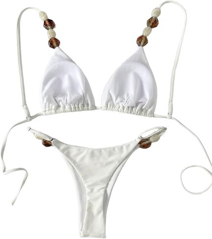 Floerns Women's Two Piece Triangle Thong Bikini Set Beaded String High Cut Swimsuit Beach Outfits in Kuwait