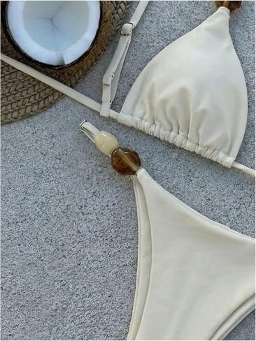 Floerns Women's Two Piece Triangle Thong Bikini Set Beaded String High Cut Swimsuit Beach Outfits in Kuwait