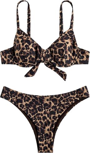 SHENHE Women's Underwire Cheetah Print Swimsuits 2 Piece Tie Back Bikini Top High Waisted Push Up Cheeky Bikini Set in Kuwait