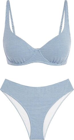 ZAFUL الأزرق Underwire بيكيني المرأة القماش القطني بيكيني مجموعات عالية الخصر Underwire المايوه التغطية الكاملة قطعتين ملابس السباحة منقوشة ثوب السباحة M in Kuwait