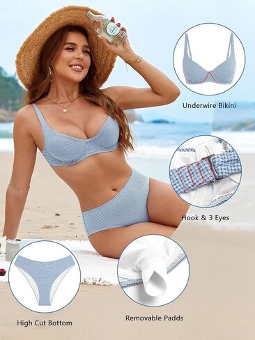 ZAFUL الأزرق Underwire بيكيني المرأة القماش القطني بيكيني مجموعات عالية الخصر Underwire المايوه التغطية الكاملة قطعتين ملابس السباحة منقوشة ثوب السباحة M in Kuwait
