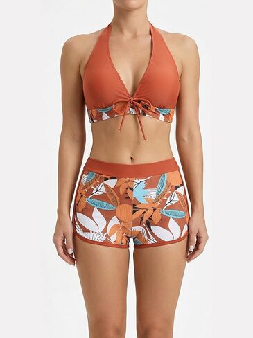 Womens 2 Piece Bikini Set Tropical Print Halter Top and Boy Short Swimsuit for Summer Beach Pool in Kuwait