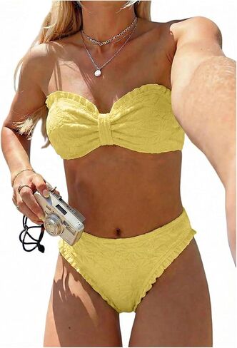 SHENHE Women's Strapless Swimsuits 2 Piece Floral Jacquard Textured Ruffle Bandeau Bikini Set in Kuwait