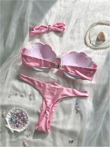 GORGLITTER Women's Strapless Bandeau Satin Bikini Sets High Waisted Thong Swimsuits Cheeky Sexy Bathing Suit Swimwear in Kuwait