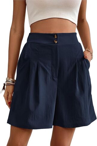 UONBOX Womens Casual Elastic Waist Shorts High Waist Wide Leg Dressy Pleated Business Work Trouser Shorts Without Pockets in Kuwait