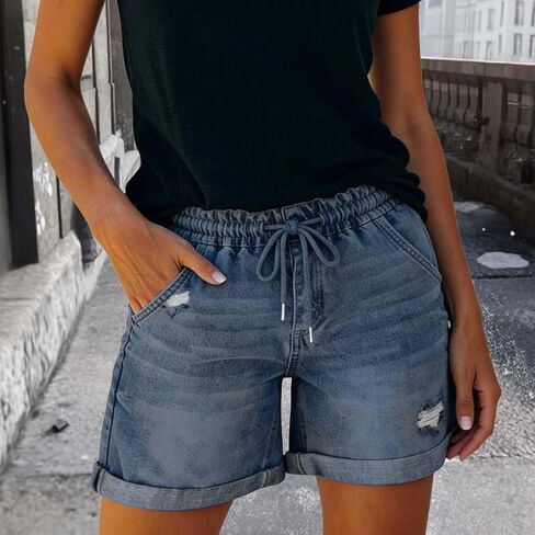Women's High-Waisted Distressed Denim Shorts, Relaxed Fit Faded Acid Wash, Elastic Drawstring Waist for Casual Summer Wear in Kuwait