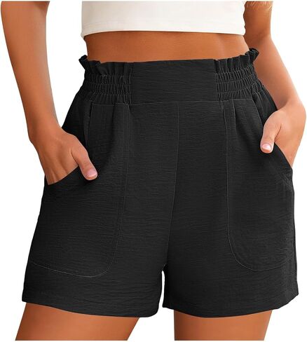 Linen Shorts for Women Casual Summer Lounge Beach Vacation Shorts High Waisted Wide Leg Cotton Short with Pockets in Kuwait
