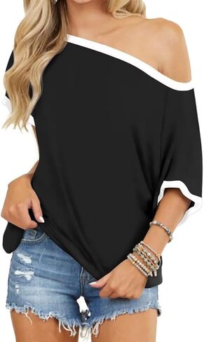 LEEDYA Women Casual One Shoulder Tops Summer Sexy Off the Shoulder Shirts Classy Loose Short Sleeve Tees Blouses Tunic Tshirt in Saudi Arabia