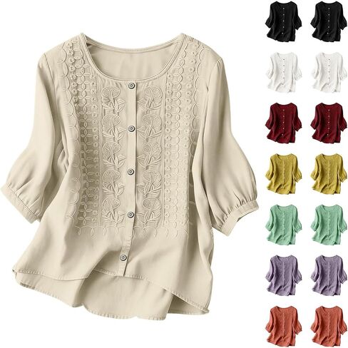 Linen Tops for Women Embroidered 3/4 Puff Sleeve Boho Tops Round Neck Button Front Gauze Cotton Blouse Tunic in Kuwait