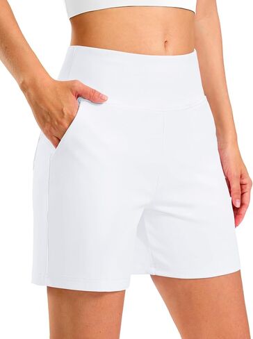 G Gradual Women's Bermuda Long Shorts with Pockets 5" High Waisted Knee Length Shorts for Women Walking Athletic Workout(White-L5,S) in Kuwait