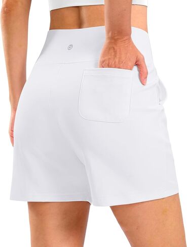 G Gradual Women's Bermuda Long Shorts with Pockets 5" High Waisted Knee Length Shorts for Women Walking Athletic Workout(White-L5,S) in Kuwait