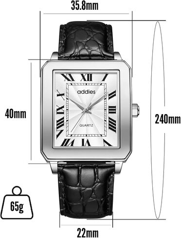 addies Vintage Watch for Men Analog Quartz Roman Numerals Black Leather Strap 30 M Waterproof Rectangle Watches in Kuwait
