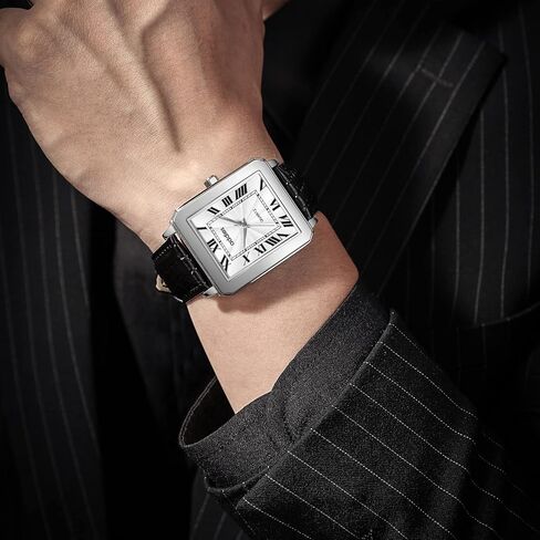 addies Vintage Watch for Men Analog Quartz Roman Numerals Black Leather Strap 30 M Waterproof Rectangle Watches in Kuwait