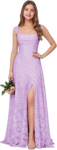 Square Neck Junior Bridesmaid Dresses Floral Lace Flower Girl Dress for Wedding Ruched Slit Girls Formal Dress 2-16Y in Kuwait