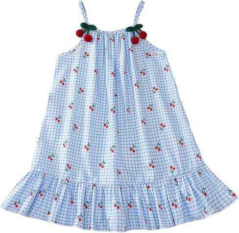 GORGLITTER Girl's Dress Cute Cherry Ruffle Hem Gingham Spaghetti Strap Summer Vacation Beach Short Sundress Clothes in Kuwait