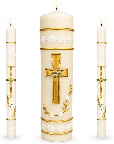 Unity Candles for Wedding Ceremony Set,Wedding Candles 1 Pillar 11.5 Inch and 2 Taper 10 Inch Set 3,Catholic Religious Ceremony Accessories,Velas para Boda (Cross & Rings) in Saudi Arabia