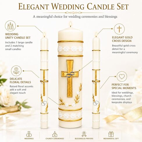 Unity Candles for Wedding Ceremony Set,Wedding Candles 1 Pillar 11.5 Inch and 2 Taper 10 Inch Set 3,Catholic Religious Ceremony Accessories,Velas para Boda (Cross & Rings) in Saudi Arabia